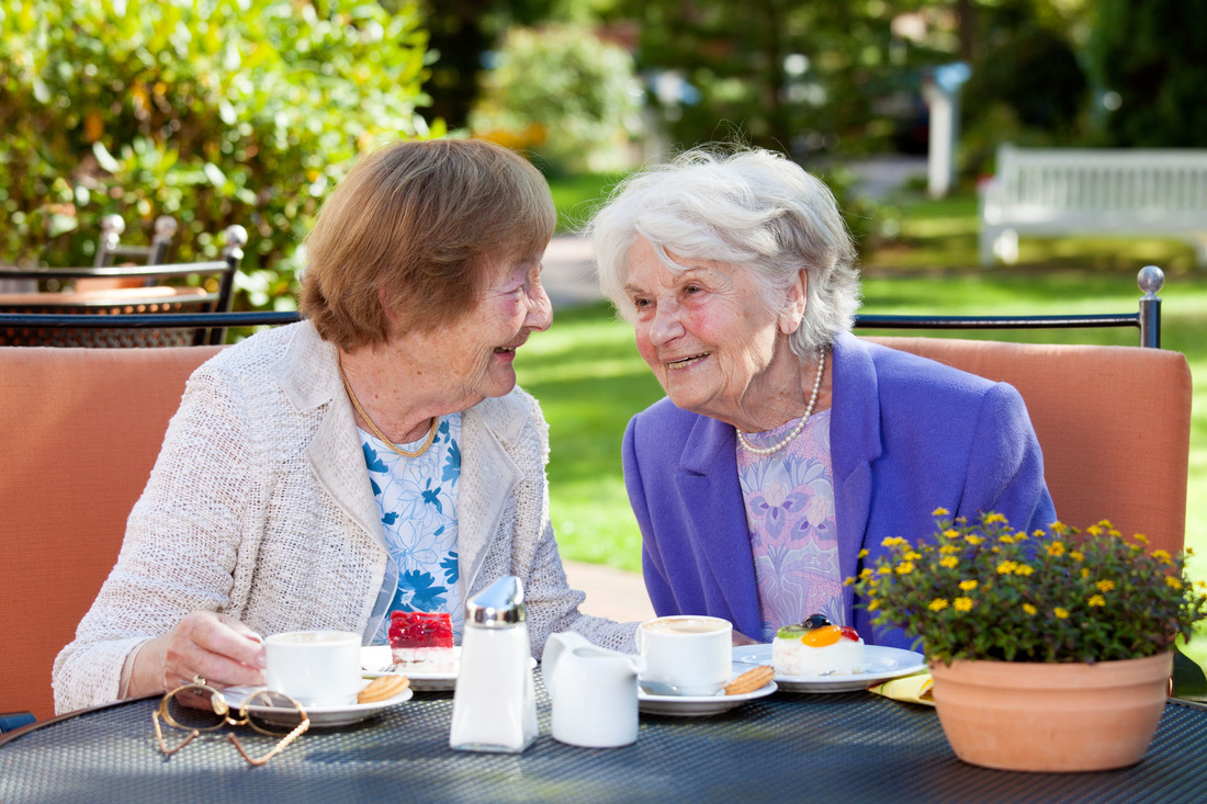 Picture of two elderly ladies enjoying a lunch outside